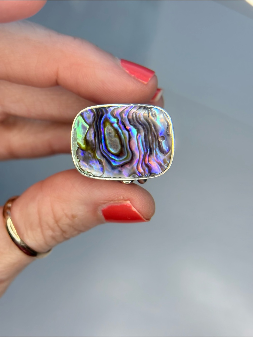 Sajen Ring Abalone Sterling Silver Wide Band  Iridescent Adjustable
